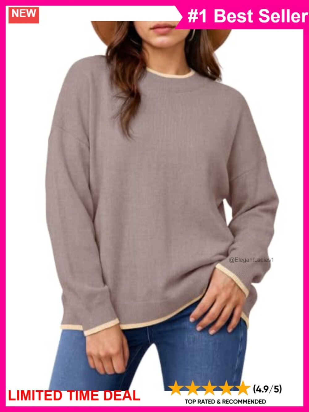 Plus Size Contrast Trim Tunic Sweater Crew Neck Long Sleeve